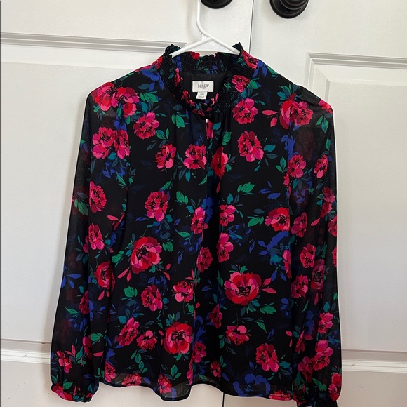 J. Crew Smocked Keyhole Blouse Black with Pink, Red and Blue Floral Design - Picture 8 of 8
